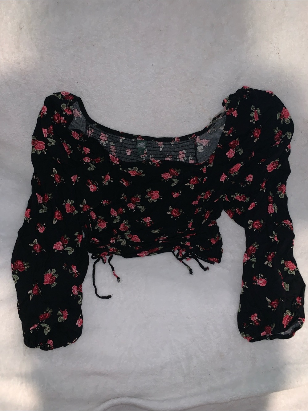 wild fable Black Floral Square-Neck Cropped Top with Puff Sleeves and Drawstring